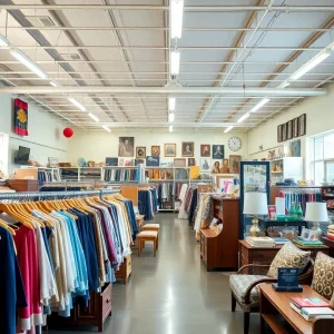 Interior of Vapor Ministries thrift store with clothing and household items