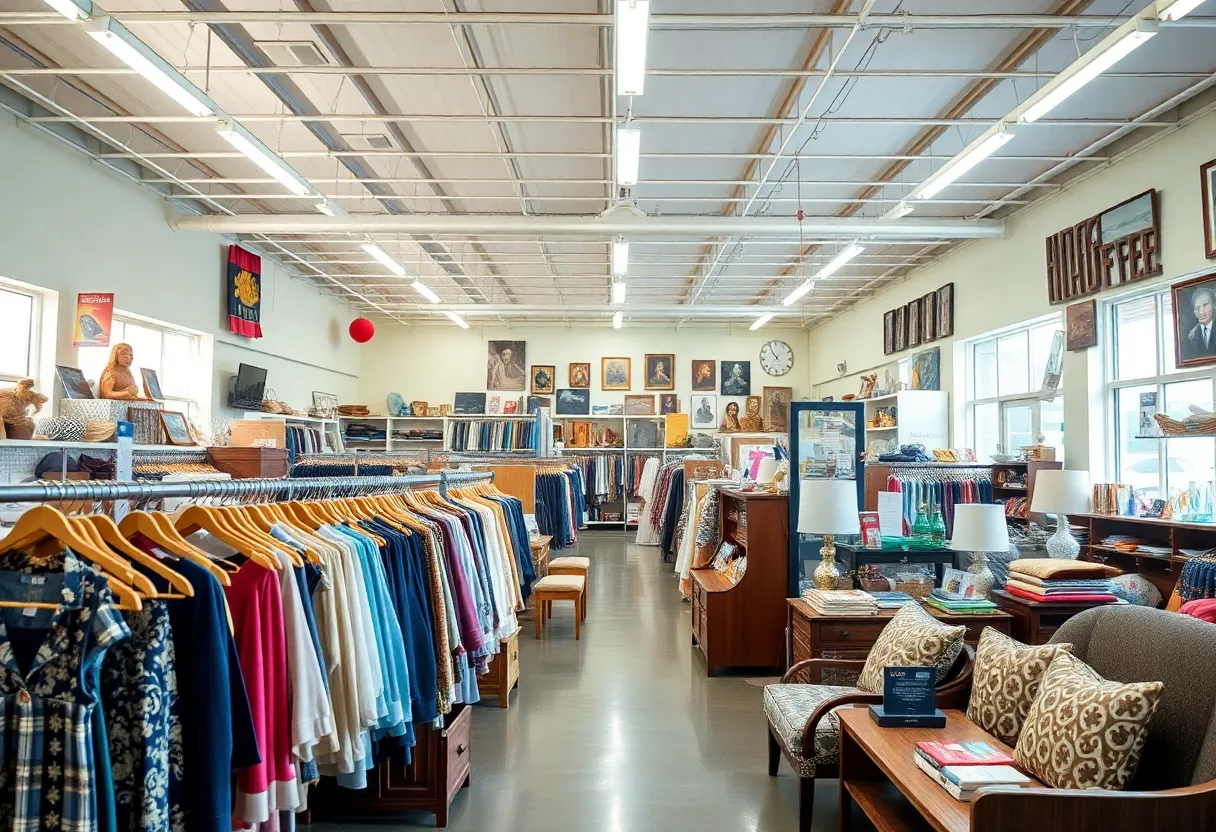 Interior of Vapor Ministries thrift store with clothing and household items