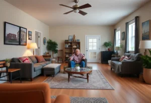 Transitional home for veterans with communal areas and supportive facilities.