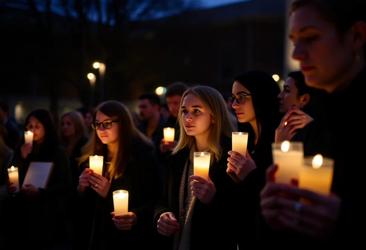 Memorial vigil attendees holding candles to honor Charlie Kirk.