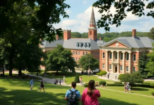 A picturesque view of a college campus in Alabama with students and trees