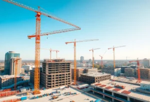Construction site in Alabama with cranes and workers