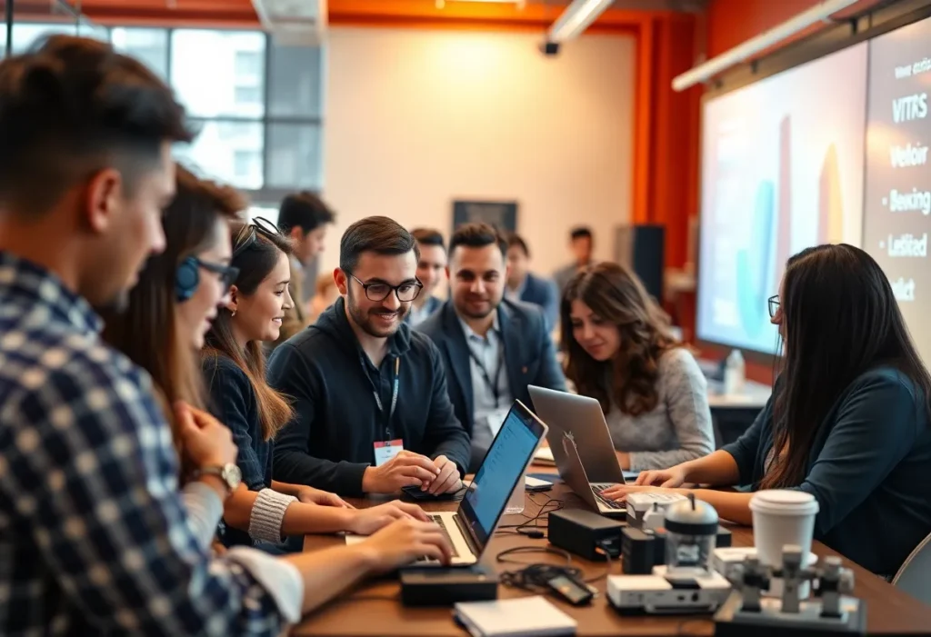 An illustration of a collaborative tech ecosystem in Alabama with startups and businesses.