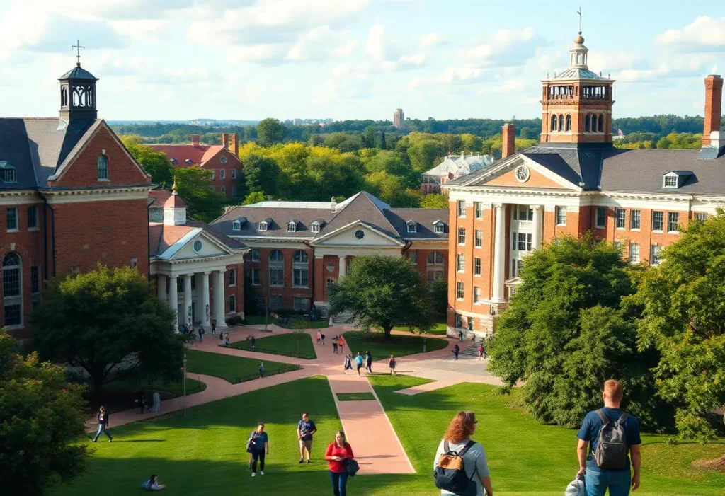 Auburn University campus with students studying and historical buildings in the background