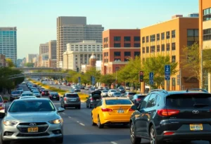 Vibrant city streets of Birmingham, Alabama with traffic.
