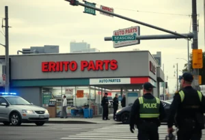 Police investigating a shooting scene at an auto parts business in Birmingham.
