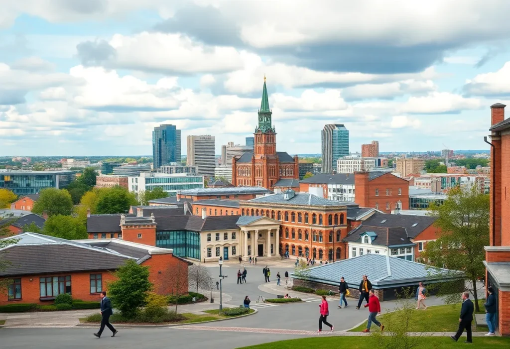 Cityscape of Birmingham with schools and educational landmarks