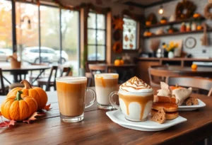 Seasonal fall coffee drinks on a table in a cozy cafe setting