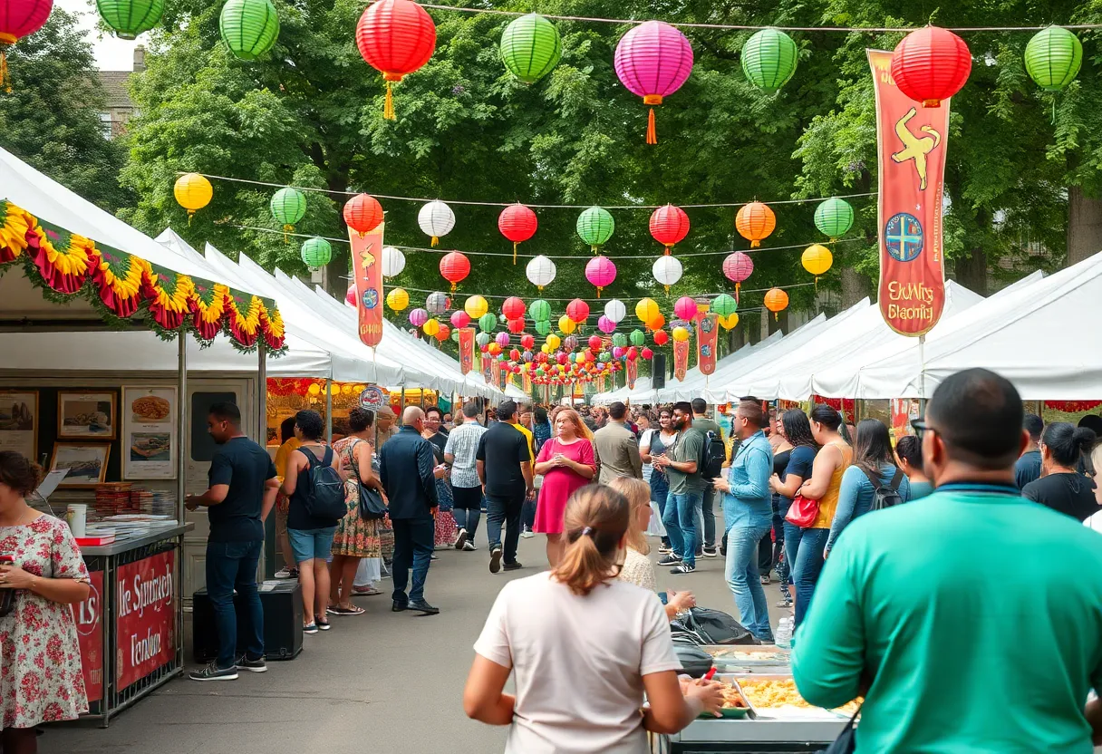 A bustling community festival in Birmingham with colorful decorations and food vendors.