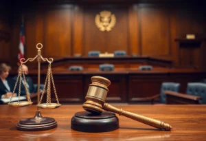 Courtroom scene representing legal proceedings regarding election results in Birmingham.