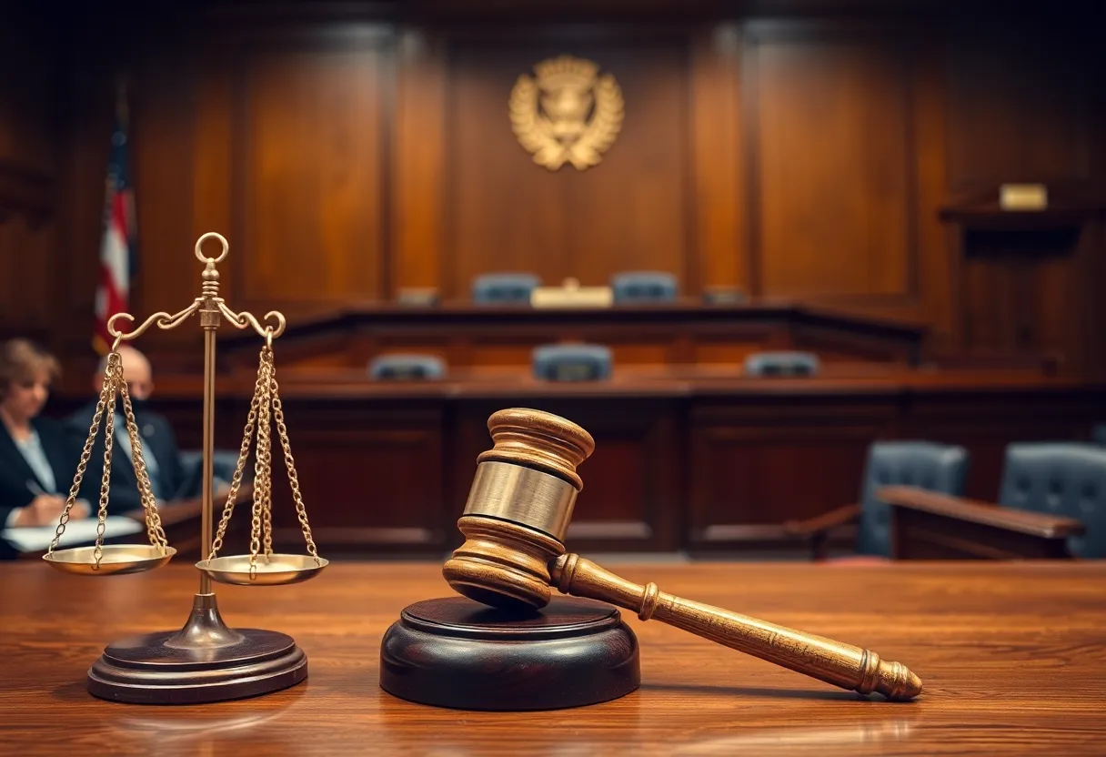 Courtroom scene representing legal proceedings regarding election results in Birmingham.