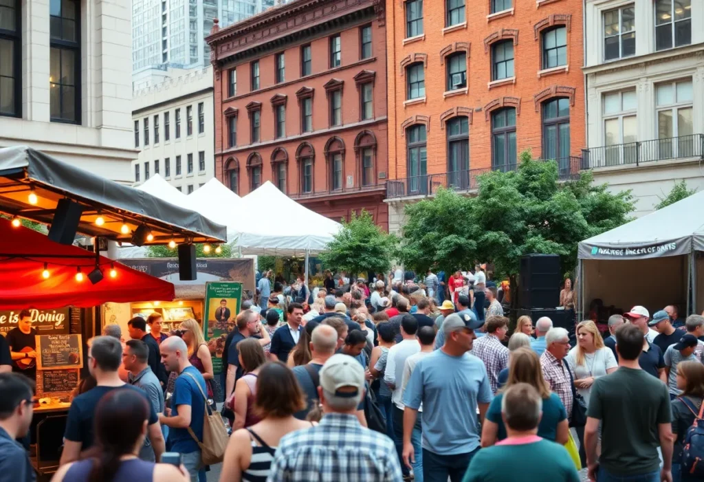 A lively Birmingham uptown area with people enjoying events