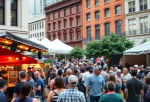 A lively Birmingham uptown area with people enjoying events