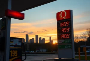 A gas station in Birmingham showing prices with a skyline view in the background.