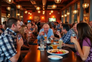 Happy hour scene in Birmingham with drinks and food