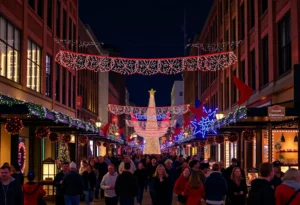 Festive decorations and crowds in downtown Birmingham during the holiday season