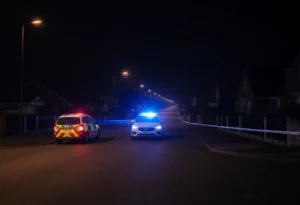 Police car lights at a crime scene in Birmingham