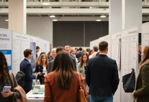 Job seekers interacting with employers at the Birmingham job fair