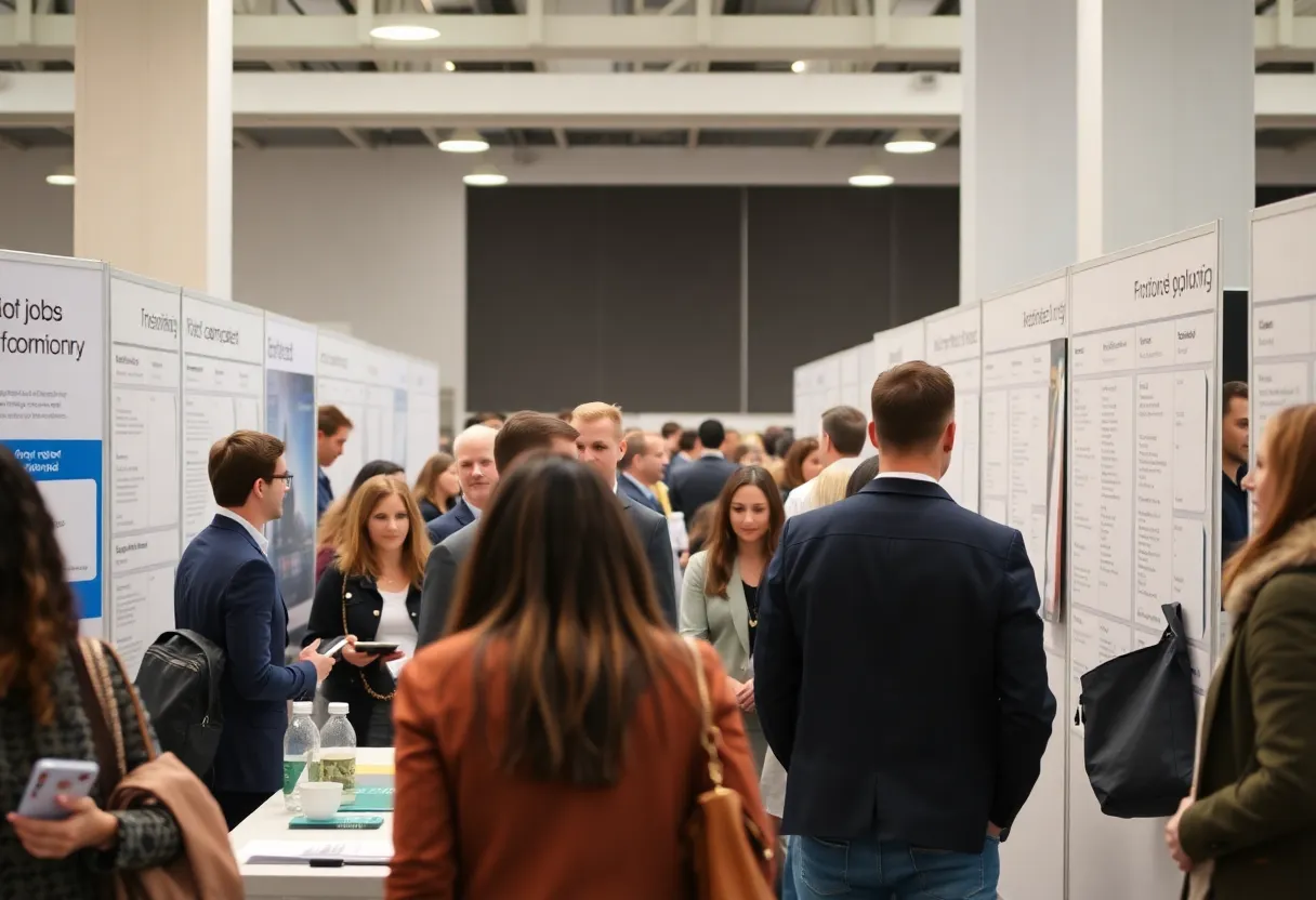 Job seekers interacting with employers at the Birmingham job fair