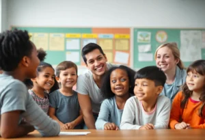 Children interacting with a mental health counselor in a school setting