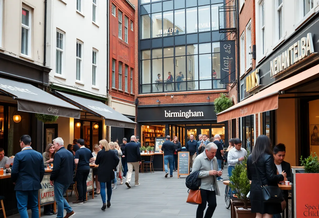 People enjoying food and shopping in Birmingham's new business district.