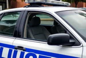 Police cruiser parked on the street showing signs of neglect