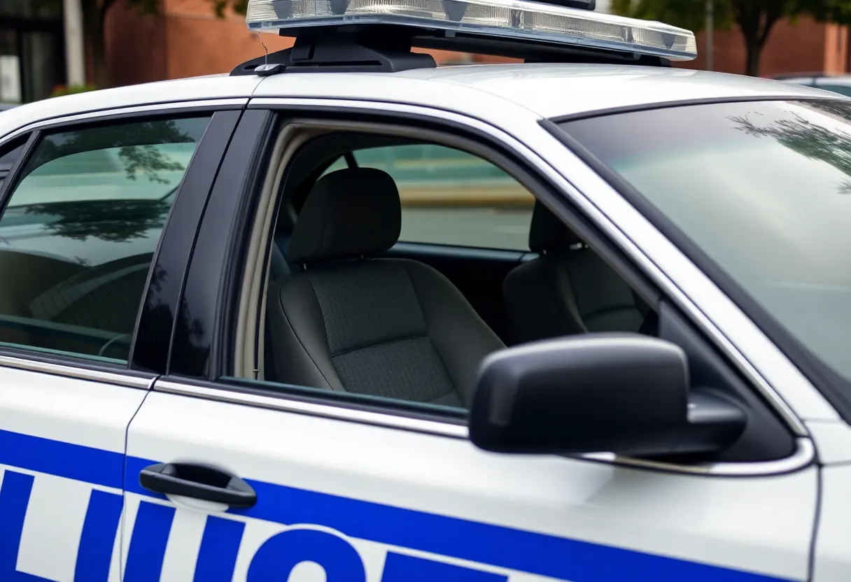 Police cruiser parked on the street showing signs of neglect