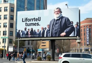 Political billboard in Birmingham depicting a historical figure in modern attire.