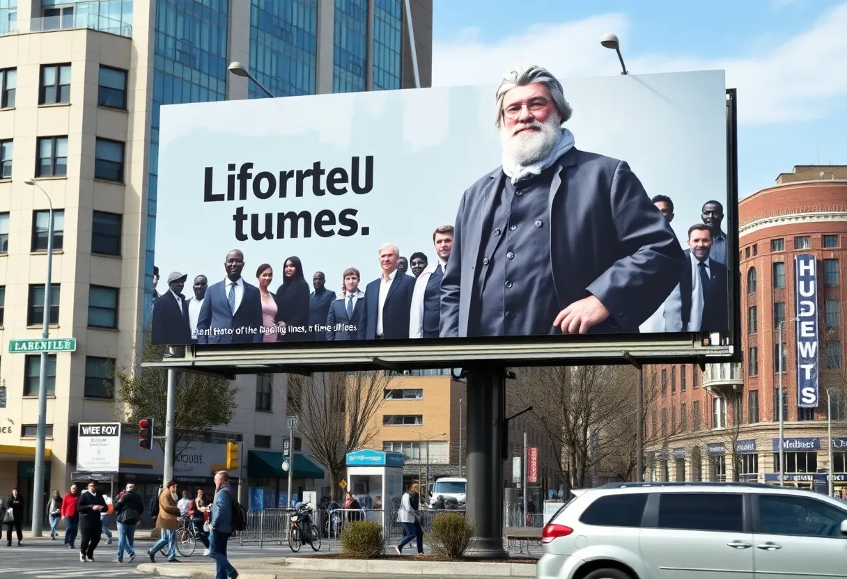 Political billboard in Birmingham depicting a historical figure in modern attire.