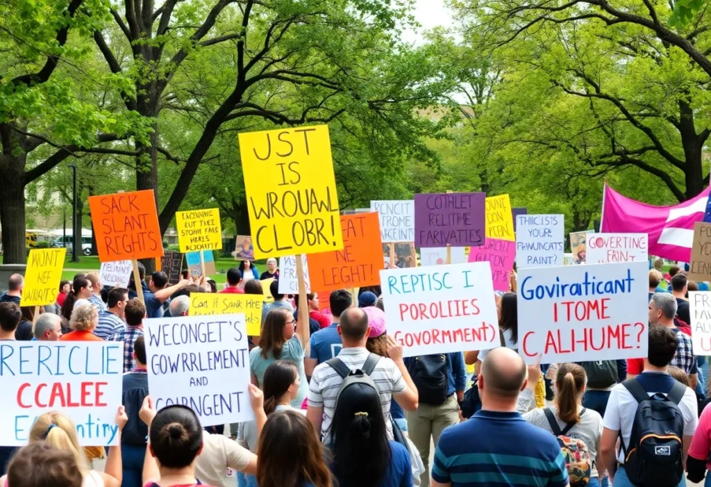 A large crowd participating in the Birmingham protest with colorful signs about civil rights.