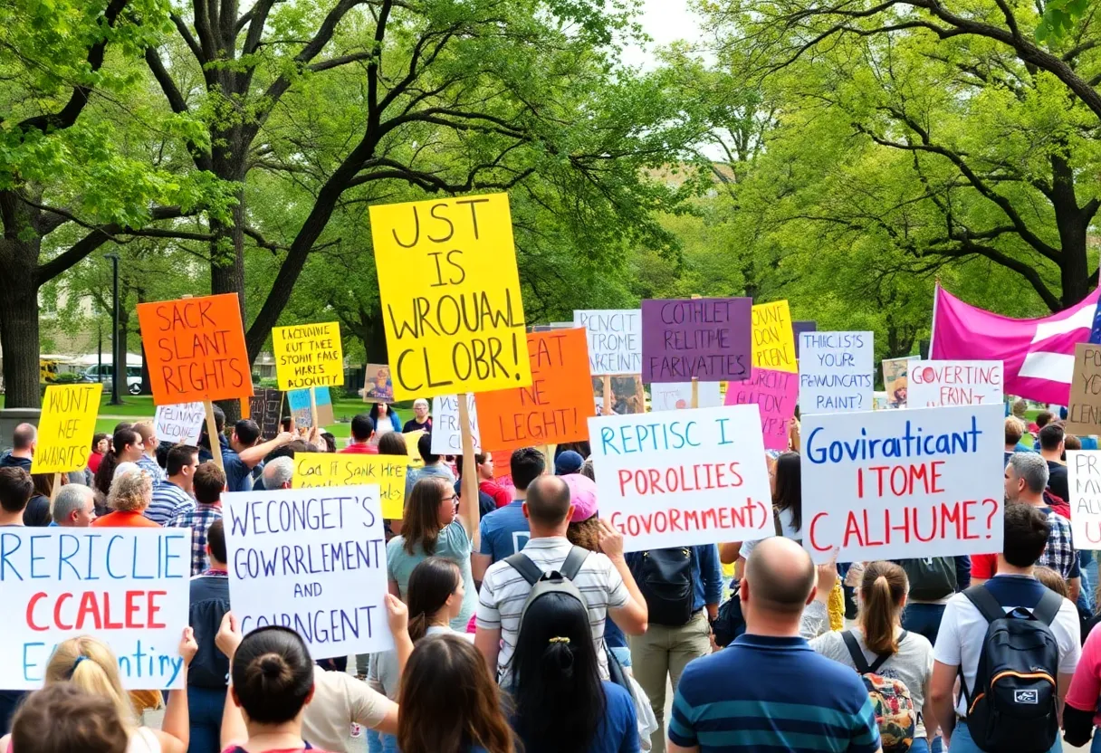 A large crowd participating in the Birmingham protest with colorful signs about civil rights.