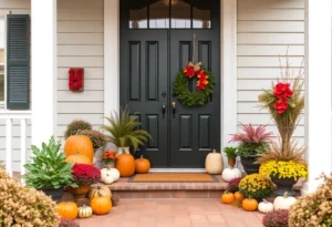 A festive Birmingham porch with seasonal decorations and organized storage solutions.