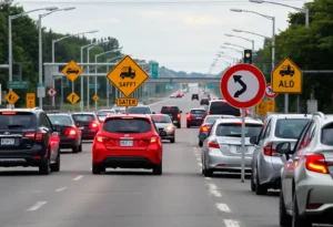 Roadway scene focusing on traffic safety