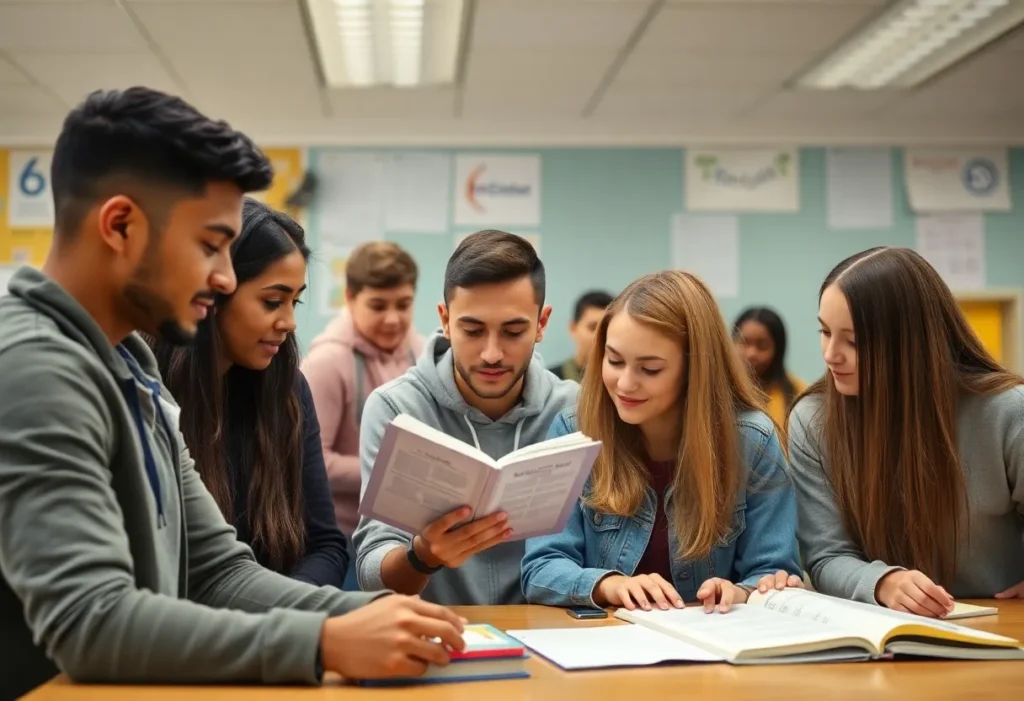 Young tutors assisting high school students in a collaborative learning environment.