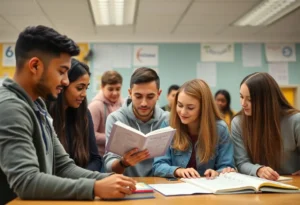Young tutors assisting high school students in a collaborative learning environment.