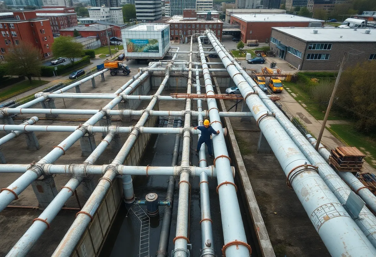Aerial view of Birmingham's water infrastructure with visible pipes and construction areas.