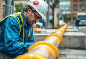 Water utility worker inspecting a lead pipe in Birmingham, Alabama