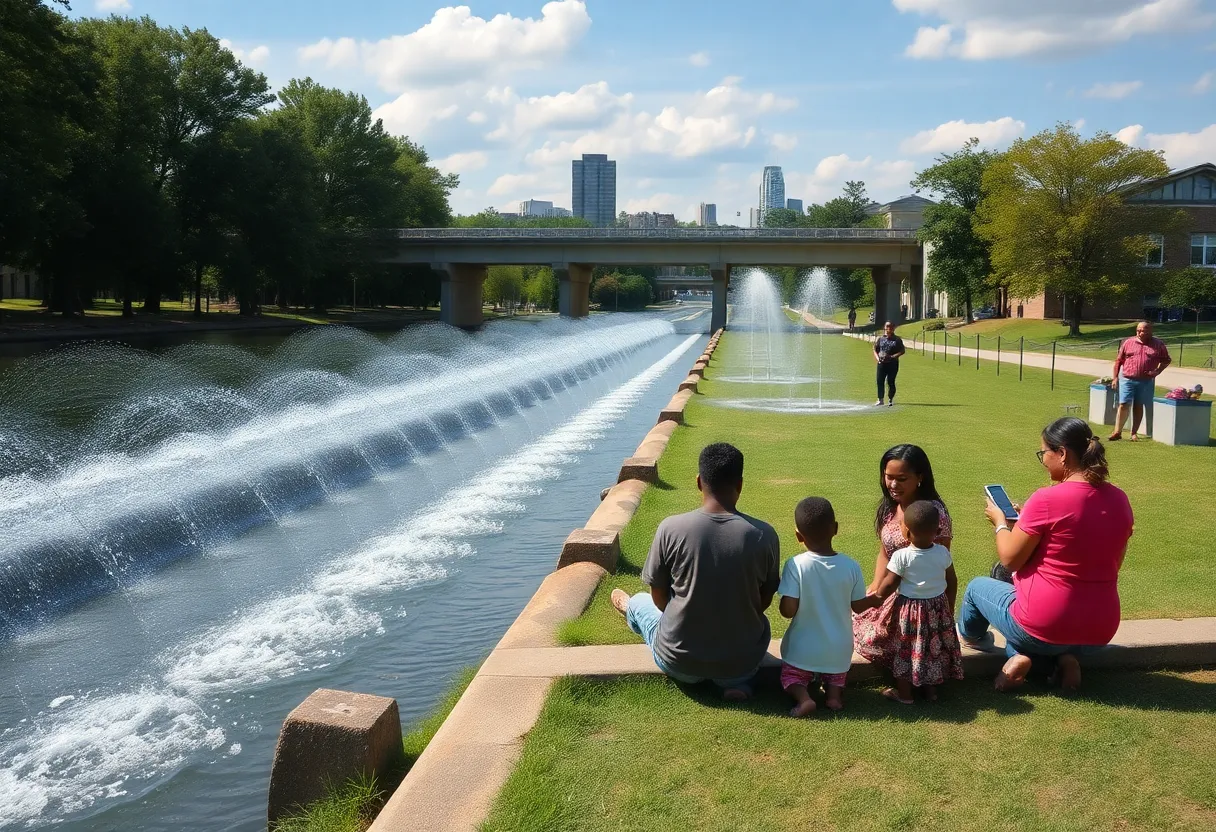 Birmingham Water Works infrastructure with families in a park