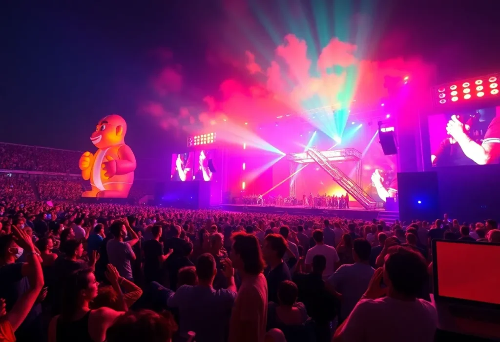 Aerial view of Chris Brown's concert performance with colorful lighting and an engaged audience.