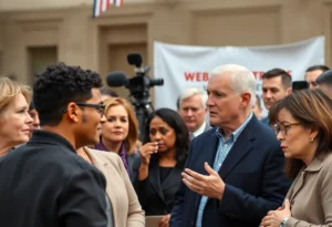 A gathering of people discussing political issues amidst media coverage