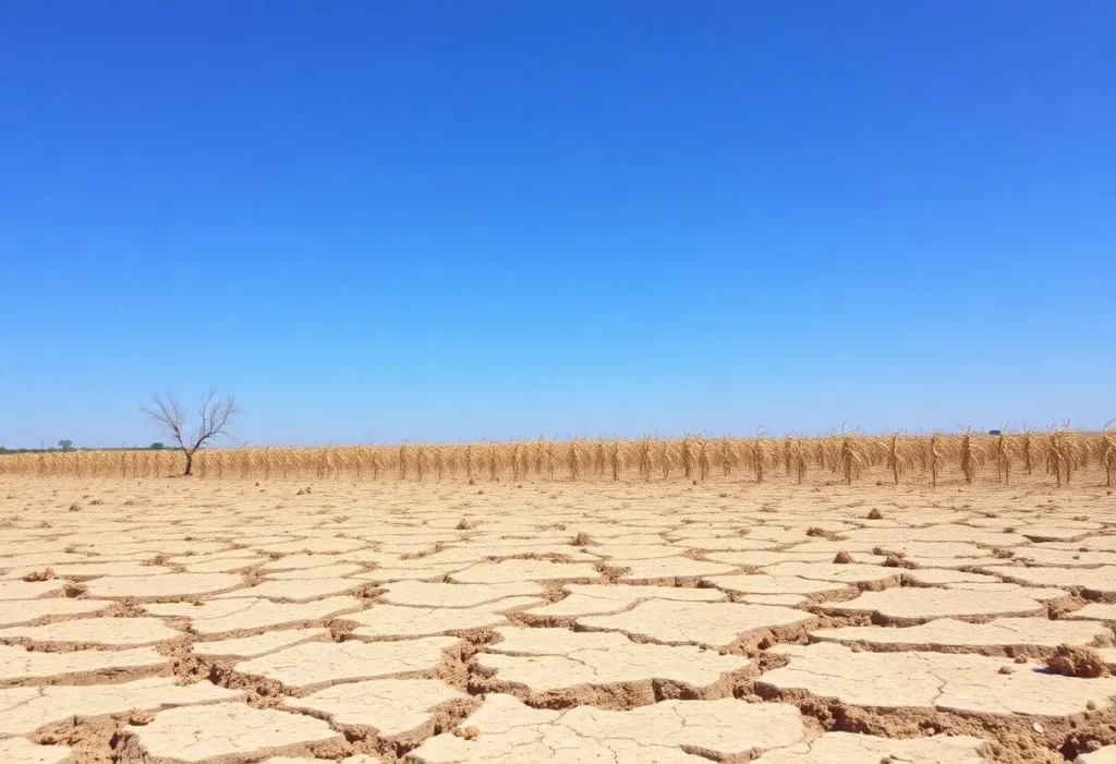 Dry cracked earth and wilted crops in Alabama due to drought