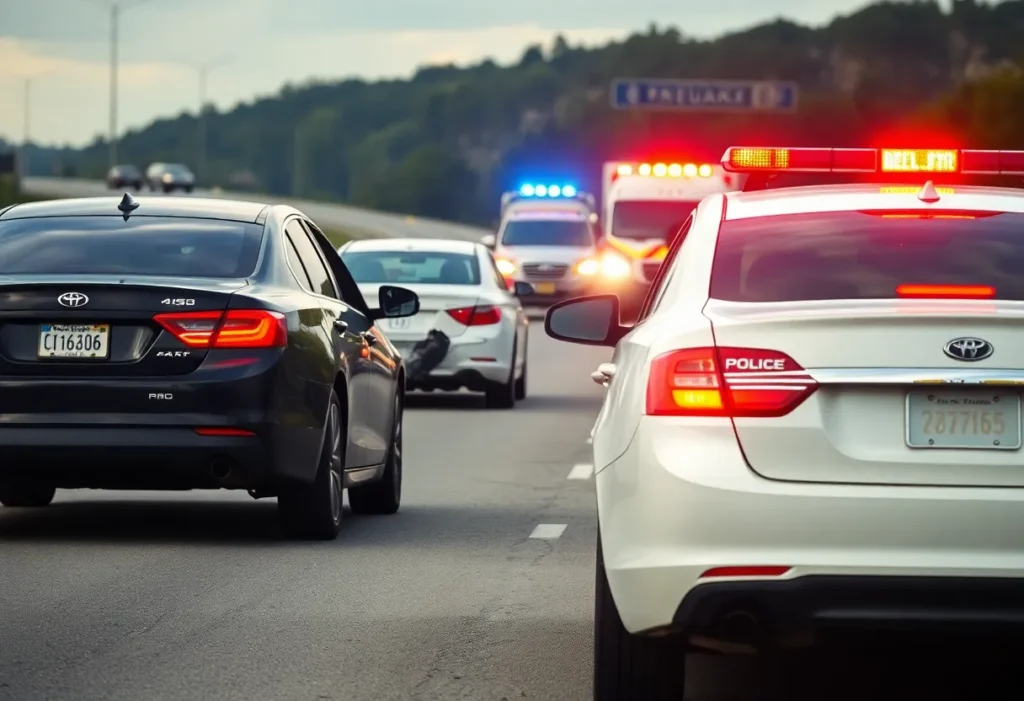 Police patrol unit and sedans involved in a crash