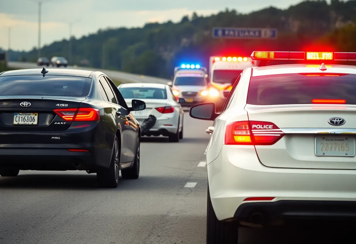 Police patrol unit and sedans involved in a crash