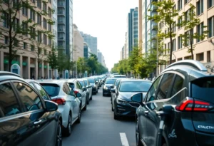 A variety of electric vehicles on a city street with charging stations.