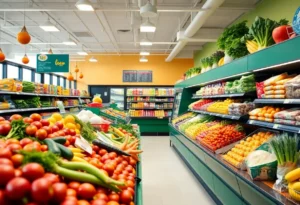 Interior view of the grocery store at Huffman Middle School showcasing fresh produce.