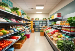 Interior of Huffman Middle School's in-school grocery store with groceries on display.