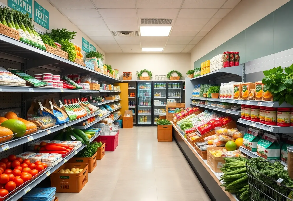 Interior of Huffman Middle School's in-school grocery store with groceries on display.
