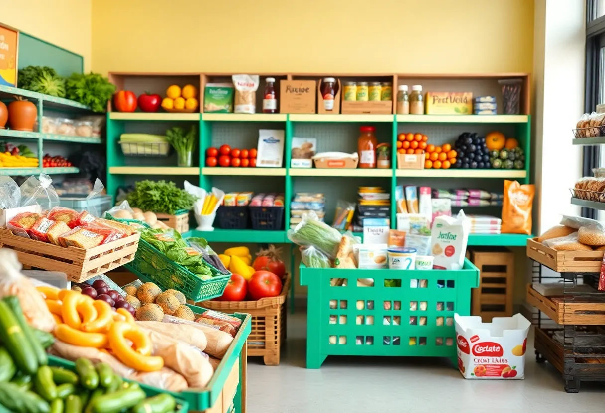 In-school grocery store at Huffman Middle School with shelves of fresh produce and staple items.
