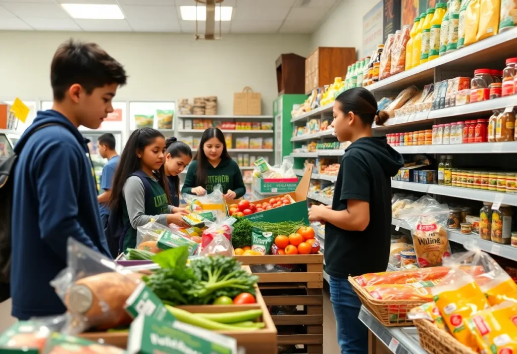 Students managing the grocery store at Huffman Middle School.