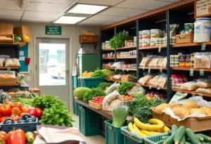 Interior of the grocery store at Huffman Middle School with fresh produce and groceries.
